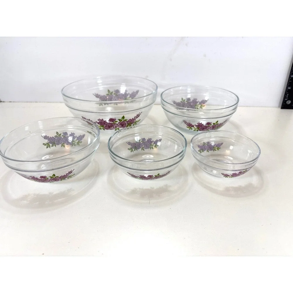 Vintage Imperial Glass Purple Floral Rose Nesting Bowl Set 5 Piece Heat Resists